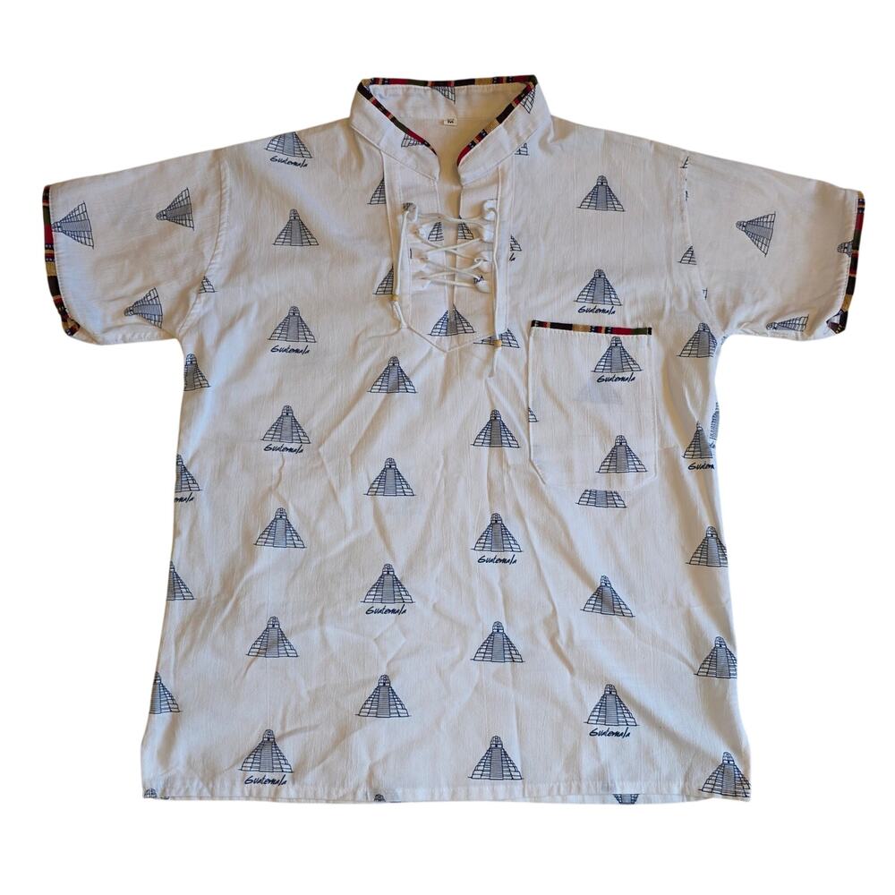 Vintage Guatemala Mayan Temple Print Lace Up Cotton Shirt Men's Medium